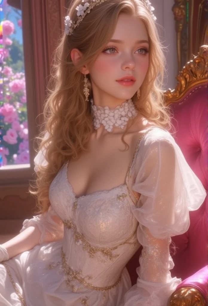 Naked, (( Plateau Peace  )),  Marie Antoinette  ,  Super detailed face ,fine grain,   Please open your mouth slightly,( blonde alone ),  long hair,  wavy hair , (((sheer silk dress:1.3))),Rococo Ruffle Dress, ((( Sexy Dress :1.3))),  dress for lying on a wooden boat has a long skirt ,  Baroque Dress  ,   intricate fantasy dress  , Beautiful ruffle dress ,   romantic dress,   Frill Costume  ,lottery, Data Style,  Formal wear, Fancy Fashion, palate colors include   pink and white,(  pink:1.5),Class A Smile,Gold Tiara,   Necklaces  , sit in a luxurious chair,Hands on knees,(  rainbow light  :1.4),,  the side face of a person looking out of the window  ,  a rosebush is reflected in the window   ,(Inside Victoria Palace)、Her eyes are shining、 now her blonde alone's hair extends to her waist 、Rose-colored gradation and three, 薄い  pinkのロック. 彼女は花柄の装飾が施されたGold Tiaraを着用し、  Matching earrings    , white flower choker. 彼女は金色のボタンで縁取られたフリル付きの白いストライプの  pinkのトップを着ている, The white sleeves are in the shape of a bud  ..   with a magenta ribbon flowing out of her chest  ..、 At the back of her neck  、Matching chest piece, Decorated with flowers.  her frilly skirt is separated by a white line ,  Fastened with a large magenta ribbon 、Decorated with gold,   There is a small ribbon on the back  . Her mini skirt、薄い  pinkのマゼンタの貝殻状の裏地と白い花のペチコートでできている. 彼女は  pinkの花がついた白い手袋も着用している, 白と薄い  pinkの靴には、ゆるいカフとDecorated with flowersたマゼンタのリボンがある