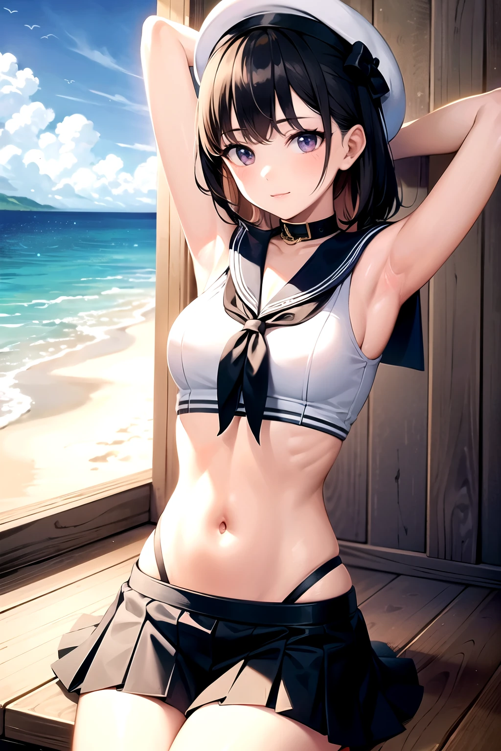 1 female,Suguha Kirigaya,black short hair,(white sailor suit),short sleeved,covered nipples,croptop,gray low-rise micro pleated skirt,breasts,leanbody:1.5,