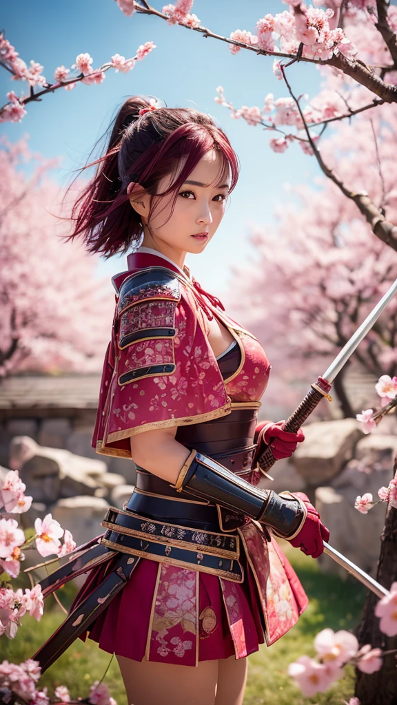 best quality、very aesthetic、ultra-detailed、((holding spear))、 holding a spear as a warrior from the Sengoku period、Woman wearing red armor 、((realistic))、((very short hair))、((Hot pink hair ))、((toned body))、(glistening skin)、 toned body、((huge breasts))、Big Breasts、 plump thighs、 Red armor with plum blossom pattern engraved 、(  wearing a plum blossom patterned cape )、(chiffon skirt)、Red shin guard with plum blossom engraved on it 、 pink tights that make you have huge breasts、 absolute domain、(holding spear)、Dramatic lighting、((Clear Sky Thunderbolt))、((Plum blossoms are dancing ))、(( Plum blossoms in full bloom in the background ))、(( Large plum blossoms in full bloom on the front ))、 cinema-like scene 、 Max Image、 Ultra High Definition、8k、masterpiece、crisp quality、