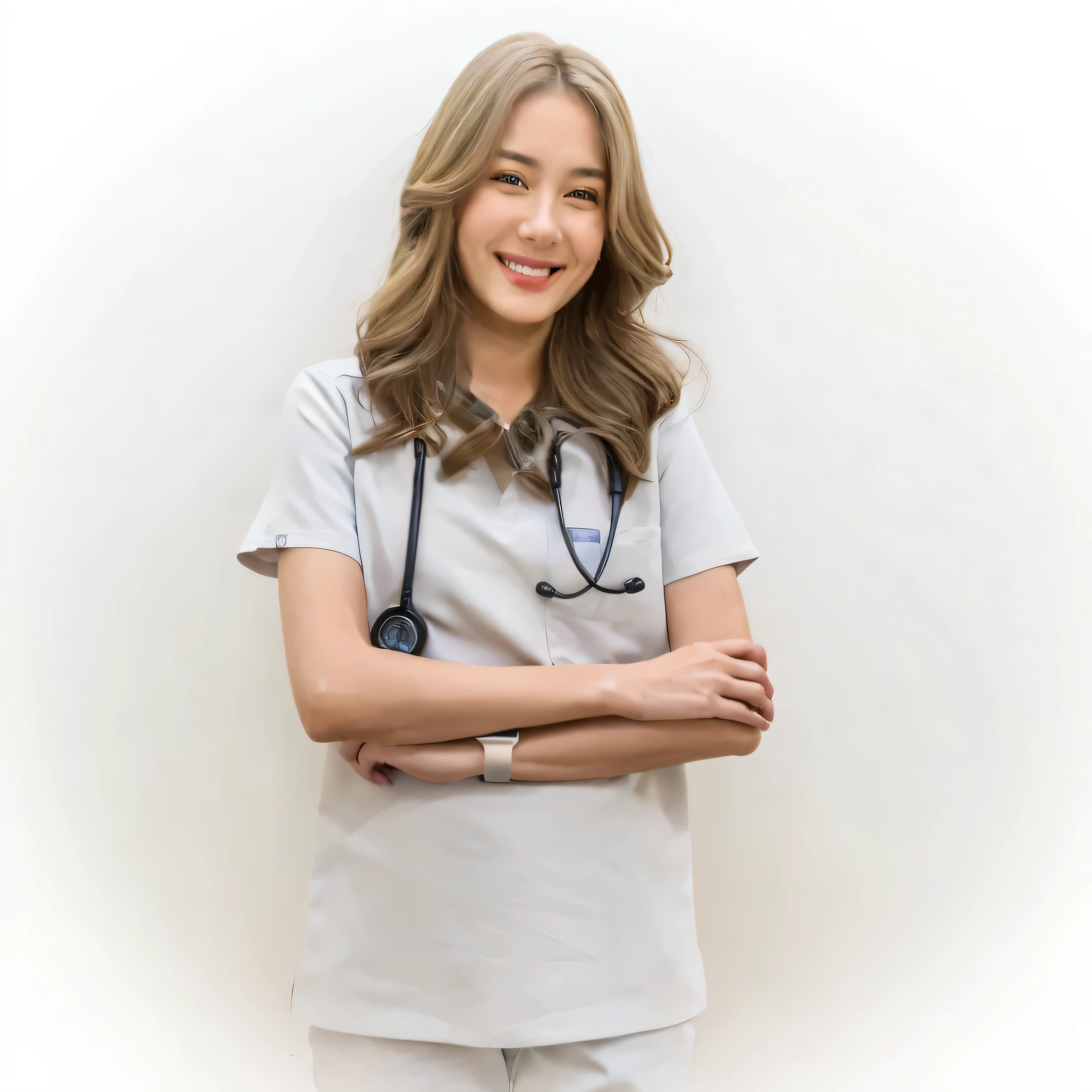 smile, woman, Well-aligned, beautiful teeth, A beautiful 30-something female doctor with a charming smile that reveals a hint of white teeth, doctor woman in a white scrub suit, medical, girl, Stethoscope, doctor,  Health Care Workers , Thai women,  Portrait ,  asian woman, (Best quality, 8k, Masterpiece:1.2),