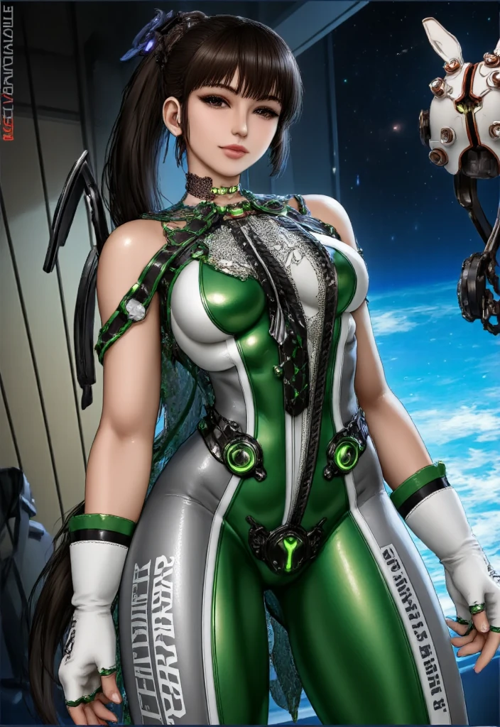 a close up of a woman in a green and silver suit, portrait anime space cadet girl, perfect android girl, beautiful female android!, girl in mecha cyber armor, perfect anime cyborg woman, highly detailed exquisite fanart, cyborg goddess in cosmos, android heroine, cyber suit, beutiful girl cyborg, scifi woman, cute cyborg girl, portrait of Eve from Stellar Blade