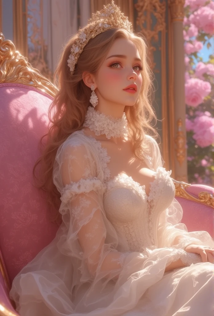 Naked, (( Plateau Peace  )),  Marie Antoinette  ,  Super detailed face ,fine grain,   Please open your mouth slightly,( blonde alone ),  long hair,  wavy hair , (((sheer silk dress:1.3))),Rococo Ruffle Dress, ((( Sexy Dress :1.3))),  dress for lying on a wooden boat has a long skirt ,  Baroque Dress  ,   intricate fantasy dress  , Beautiful ruffle dress ,   romantic dress,   Frill Costume  ,lottery, Data Style,  Formal wear, Fancy Fashion, palate colors include   pink and white,(  pink:1.5),Class A Smile,Gold Tiara,   Necklaces  , sit in a luxurious chair,Hands on knees,(  rainbow light  :1.4),,  the side face of a person looking out of the window  ,  a rosebush is reflected in the window   ,(Inside Victoria Palace)、Her eyes are shining、 now her blonde alone's hair extends to her waist 、Rose-colored gradation and three, 薄い  pinkのロック. 彼女は花柄の装飾が施されたGold Tiaraを着用し、  Matching earrings    , white flower choker. 彼女は金色のボタンで縁取られたフリル付きの白いストライプの  pinkのトップを着ている, The white sleeves are in the shape of a bud  ..   with a magenta ribbon flowing out of her chest  ..、 At the back of her neck  、Matching chest piece, Decorated with flowers.  her frilly skirt is separated by a white line ,  Fastened with a large magenta ribbon 、Decorated with gold,   There is a small ribbon on the back  . Her mini skirt、薄い  pinkのマゼンタの貝殻状の裏地と白い花のペチコートでできている. 彼女は  pinkの花がついた白い手袋も着用している, 白と薄い  pinkの靴には、ゆるいカフとDecorated with flowersたマゼンタのリボンがある