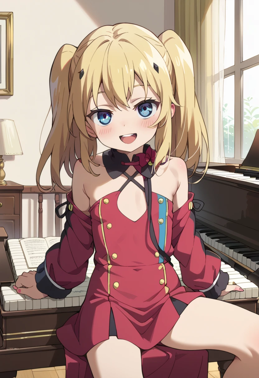 (( top quality)), ((masterpiece)), (be familiar with),  perfect face, indoor, bedroom, looking at the viewer,
One woman, Krull Tepesi ,
 open mouth,  ecstatic expression beside the piano, blush, smile,
 small ,  flat chested, Young girl, Lori,  ,  girl,
 long hair,  twin tails,
Leg spread,