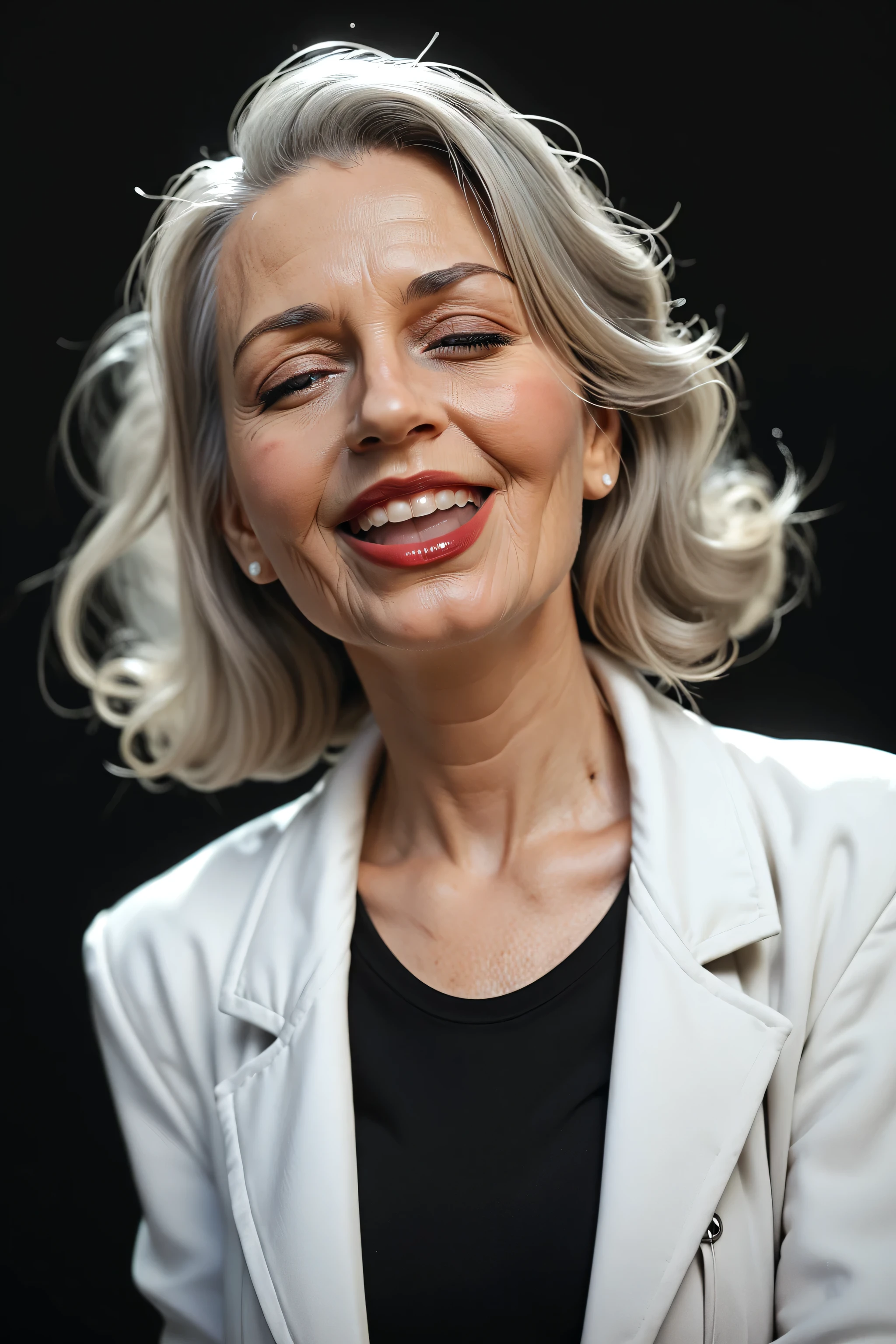 Prompt: score_9, score_8_up, score_7_up, solo, gray haired woman, black background, elderly, lab coat_blackshirt_highneck, shoulder length hair_(brown50%|gray50%), carrie underwood, front view_facingviewer, orgasm_smile,orgasm_face, full lips