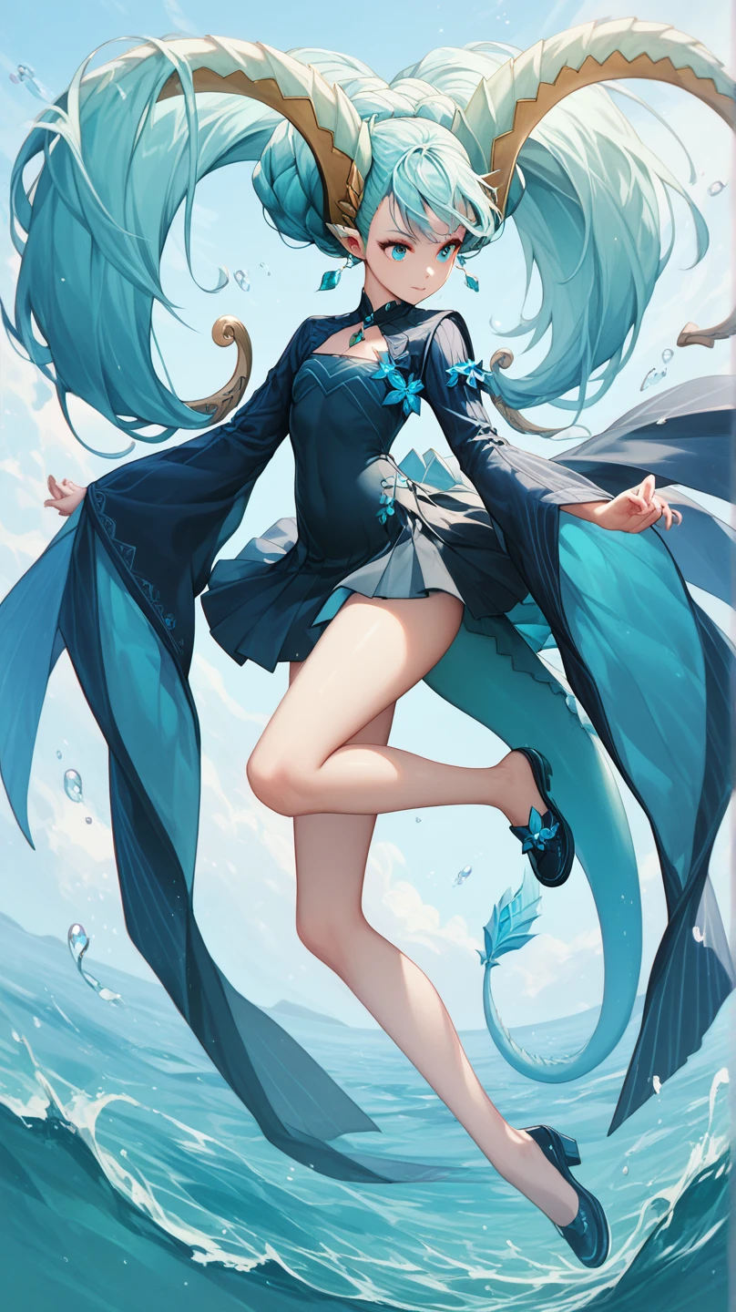  Aqua Blue Hair Girl，hair loss，Dragon Horn，Dragontail，goddess， black clothes，Big sleeves，skirt，Bare Legs，shoe，Sea