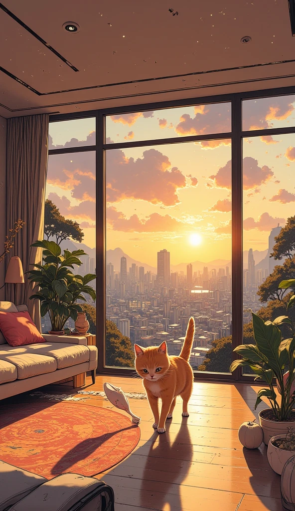  A Munchkin cat is in the living room of a young Korean girl playing with a plush of fish.
Highly technological Korean-style house .
 In the background a beautiful window showing the city and a magnificent sunset . 
32K, HDR, UHD. 