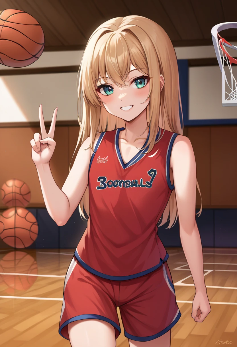 score_9, score_6_up, source_anime, uncensored, cowboy shot, BREAK 
1girl, solo, teenage, short girl, beige blonde hair, long hair, feathered hair, feathered bangs, turquoise eyes, flat chest, 
(basketball uniform, red sleeveless jersey, red shorts), 
looking at viewer, smile, v sign, standing, BREAK 
indoors, basketball court, noon