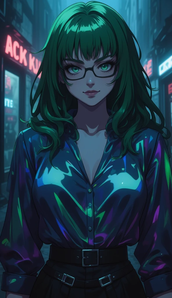 anime art style, 8k, masterpiece, cinematic, (Portrait), petite girl, mature, green eyes, long messy hair, pale skin, lean tall body, (sexy loose shirt top, rainbow shiny, breast hole, glasses), dark alleyway, side ways photo, evil smiling, bust photo