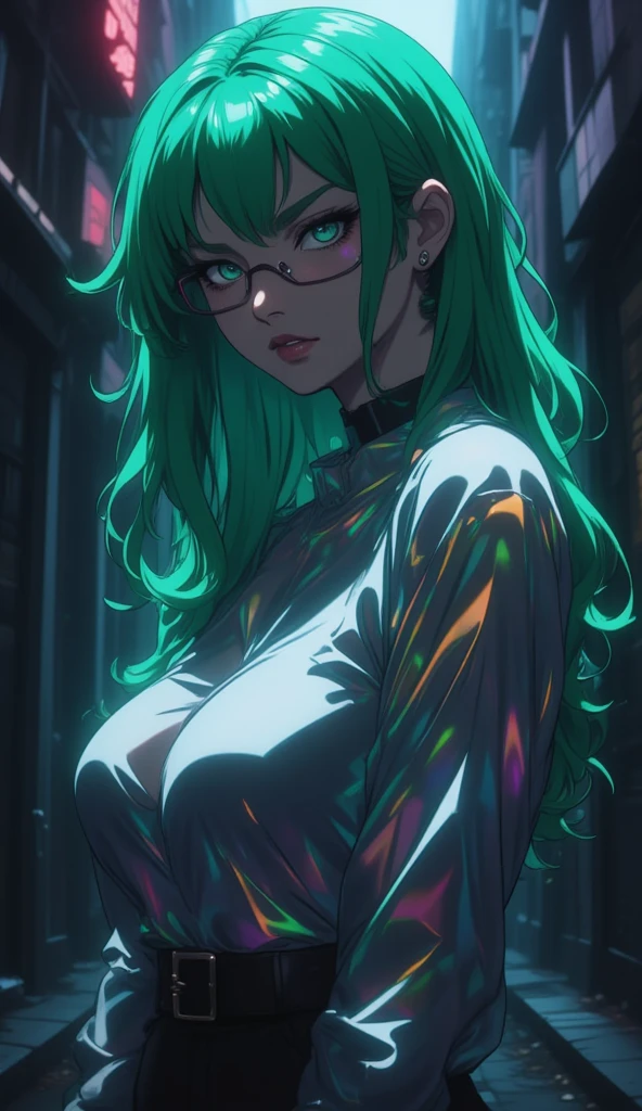 anime art style, 8k, masterpiece, cinematic, (Portrait), petite girl, mature, green eyes, long messy hair, pale skin, lean tall body, (sexy loose shirt top, rainbow shiny, breast hole, glasses), dark alleyway, side ways photo, evil smiling, bust photo