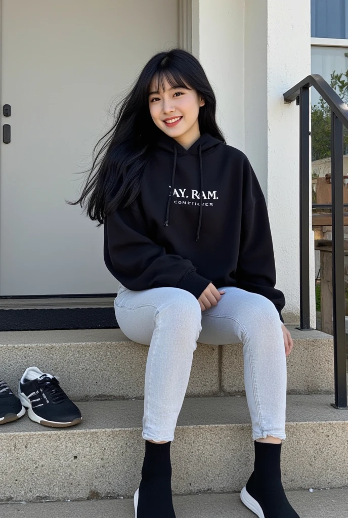 highest quality, Realistic, Very detailed, Finer details, High resolution, 8k wallpaper, One beautiful woman, Sit on the stairs, smile,（Black socks） Oversized hoodie, Skinny jeans,（ Black sneakers), Black Hair, Beautiful Bangs, Perfect dynamic composition, Beautiful and detailed, Full Body Shot, A big smile waiting to start. She is doing the peace sign.