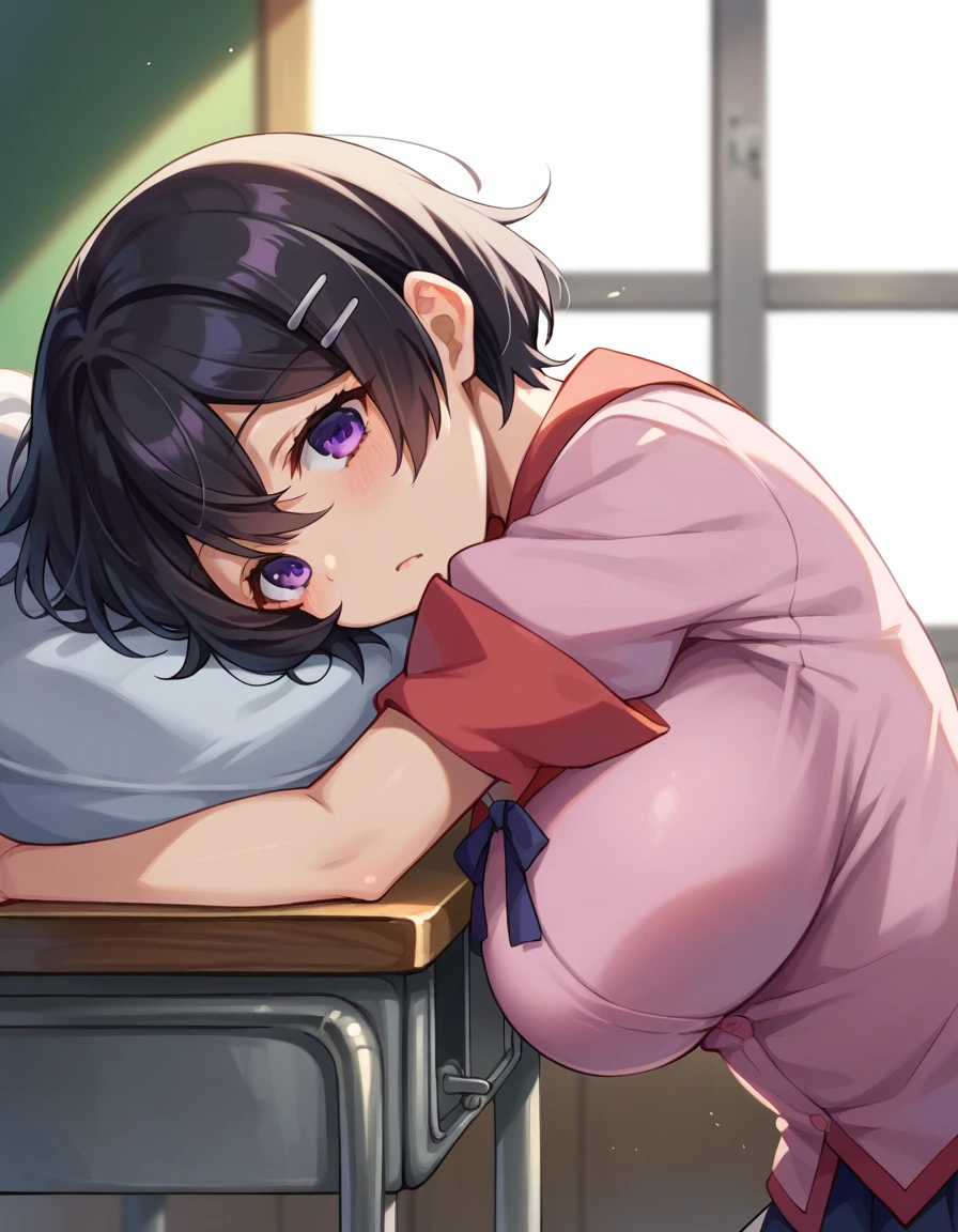 Hanekawa Tsubasa, short hair, black hair, hair ornament, purple eyes, hairclip,Big Breasts　School　machine　In the classroom　School uniform　椅子に座る、　sleeping,machineで寝る、string panties,from side,　