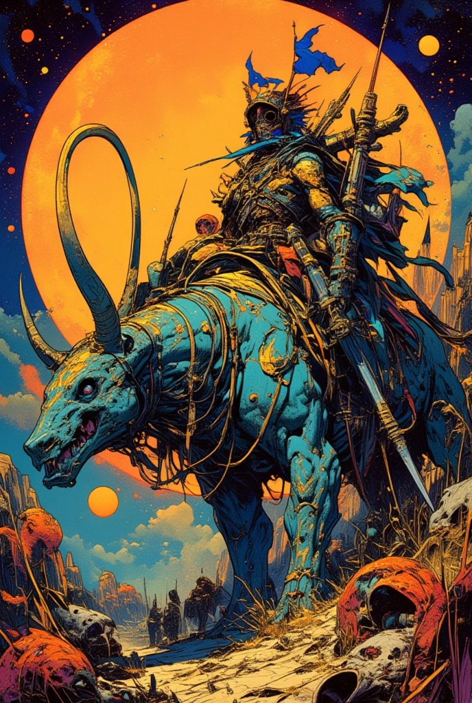 Man in a plague mask riding a strange animal,And other items 々,  dmt Death of Ego ,   Exquisite Futuristic Art  , DMT Art,  DMT Egodes  ,  Dan Mumford and Alex Grey's style,   psyche trans art  ,   Ultra Detailed Fantastic Art  , epic shamanic DMT Art,    Shamanism DMT Horror Art   ,   Visionary Art Style  ,   High Resolution Fantastic Art ,Marauders After Death 