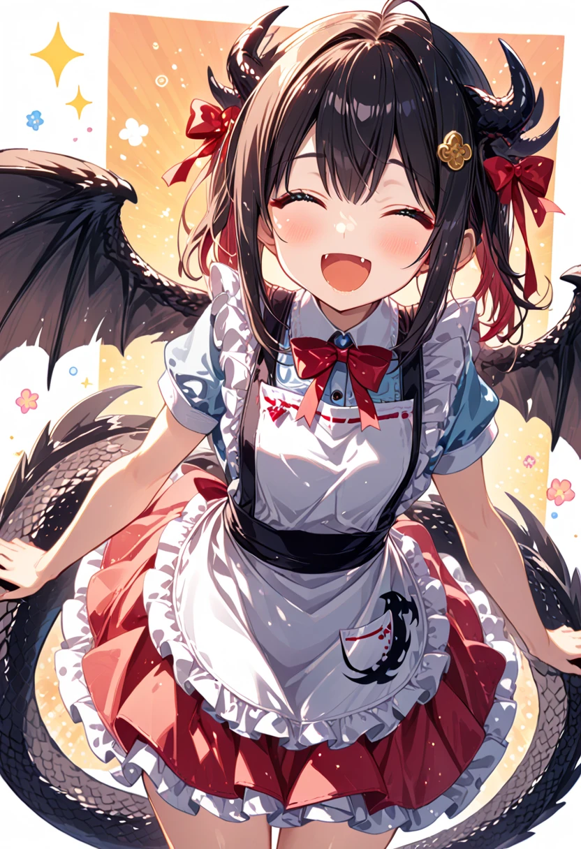 1girl ,apron, dragon tail, black wings, cute, happiness, open mouth, 