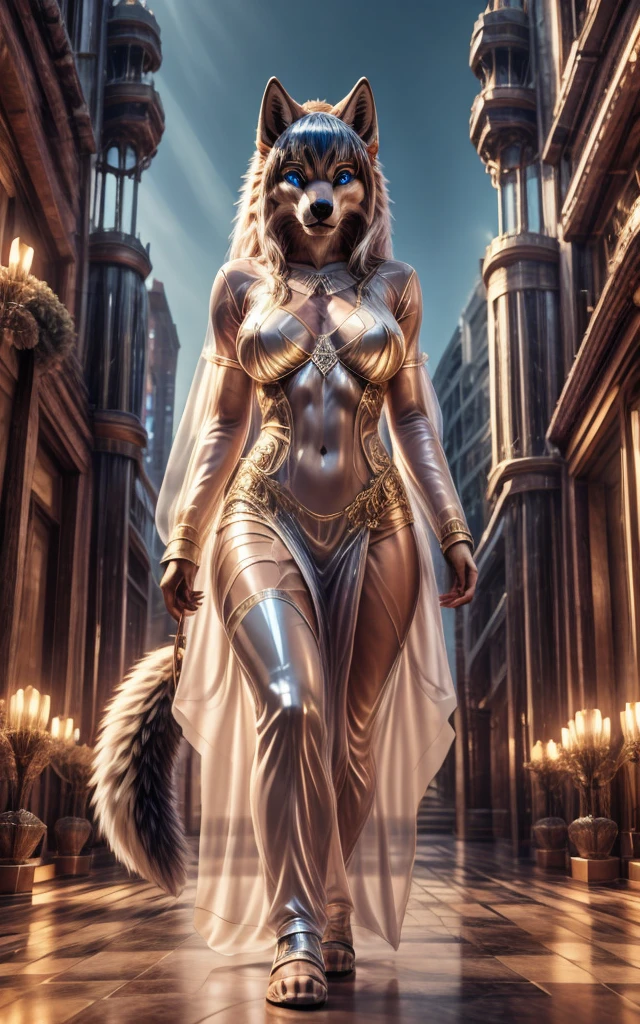  wolf, ears , realistic body tape, thin1tail ,perfect skin, face detailed, very oil skin,detalied blue eyes,perfect eyes,  very long white hair, simmetrical bangs,bare navel,gigantic breasts, white latex gloss, transparent dress, High-heele,  full length, extreme detailed,  masterpiece,8k, stunning, highly detailed, 8k, ornate, intricate, dehazed, atmospheric,duration:1.6), physically based visualization,bright colors,cinematic lighting, fantasy city, epic detailed,Шедевр,Высокое разрешение, Высокое качество, Улыбаться,  Рендеринг 8K, epic realism, 