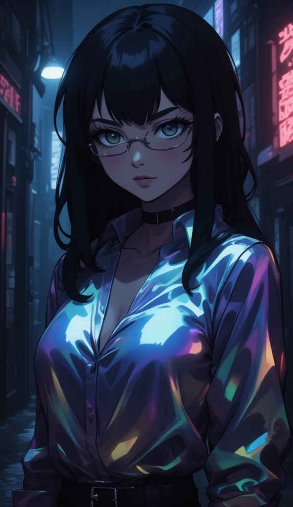 anime art style, 8k, masterpiece, cinematic, (Portrait), petite girl, mature, green eyes, long messy hair, pale skin, lean tall body, (sexy loose shirt top, rainbow shiny color, breast hole, glasses), dark alleyway, side ways photo, evil smiling, bust photo