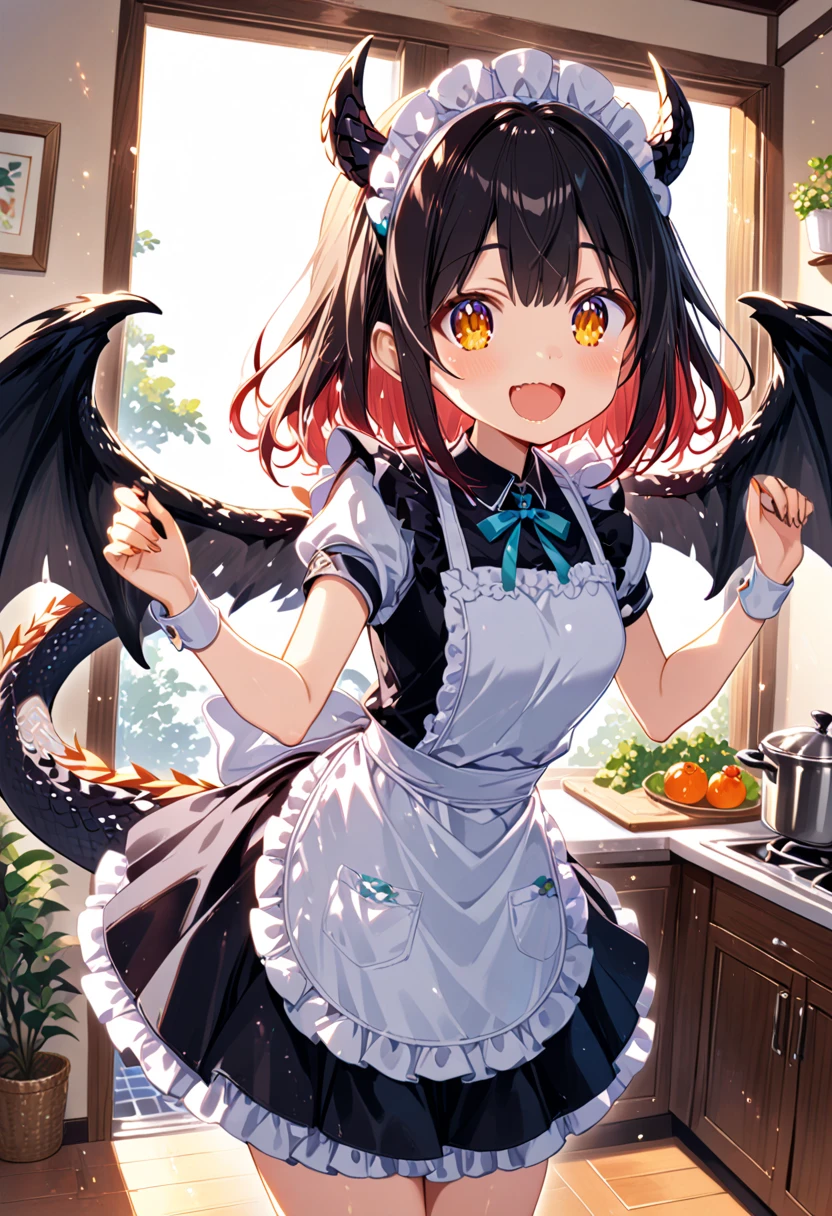 1girl ,apron, dragon tail, black wings, cute, happiness, open mouth, 