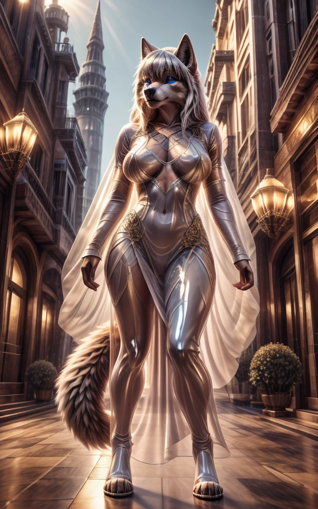  wolf, ears , realistic body tape, thin1tail ,perfect skin, face detailed, very oil skin,detalied blue eyes,perfect eyes,  very long white hair, simmetrical bangs,bare navel,gigantic breasts, white latex gloss, transparent dress, High-heele,  full length, extreme detailed,  masterpiece,8k, stunning, highly detailed, 8k, ornate, intricate, dehazed, atmospheric,duration:1.6), physically based visualization,bright colors,cinematic lighting, fantasy city, epic detailed,Шедевр,Высокое разрешение, Высокое качество, Улыбаться,  Рендеринг 8K, epic realism, 