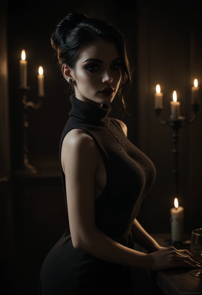 Beautiful young goth girl wearing a sexy turtleneck sweater sleeveless dress showing sideboobs Candlelit evening at home