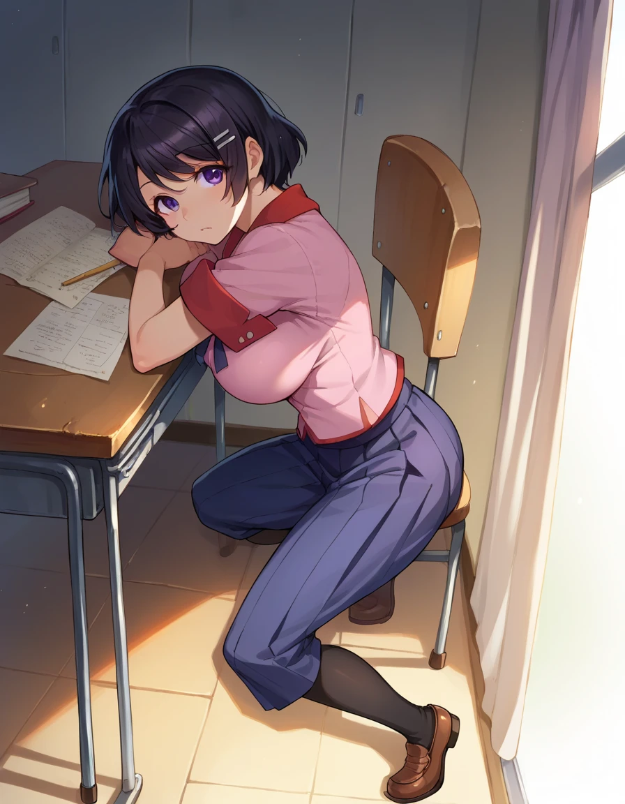 Hanekawa Tsubasa, short hair, black hair, hair ornament, purple eyes, hairclip,Big Breasts　School　machine　In the classroom　School uniform　椅子に座る、　sleeping,machineで寝る、string panties,from side,　 full body