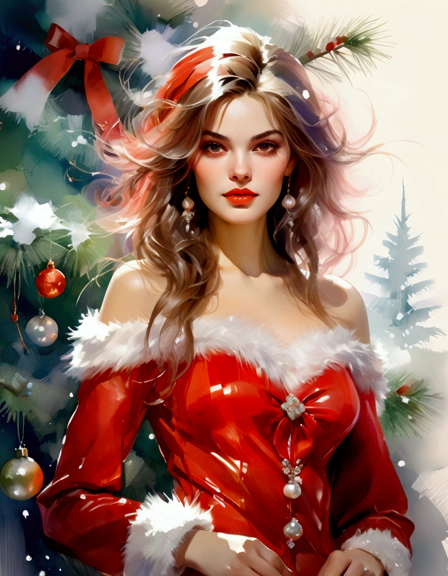 woman model in a Santa Claus costume, Horizontal fringe hair, super cute. Christmas advertisement, high-end fashion illustration, magazine illustration, watercolor illustration style, Christmas decorations, Christmas Background, Iridescent pastel tones, (tachisme), beauty, fir branches and ornaments, colorful illustration, feminine expression, fashion illustration, created by an illustrator. Willem Haenraets Style, oil and watercolor painting.