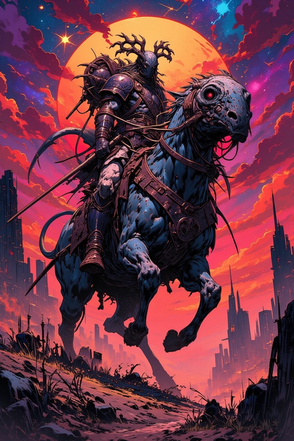 Man in a plague mask riding a strange animal,And other items 々,  dmt Death of Ego ,   Exquisite Futuristic Art  , DMT Art,  DMT Egodes  ,  Dan Mumford and Alex Grey's style,   psyche trans art  ,   Ultra Detailed Fantastic Art  , epic shamanic DMT Art,    Shamanism DMT Horror Art   ,   Visionary Art Style  ,   High Resolution Fantastic Art ,Marauders After Death 