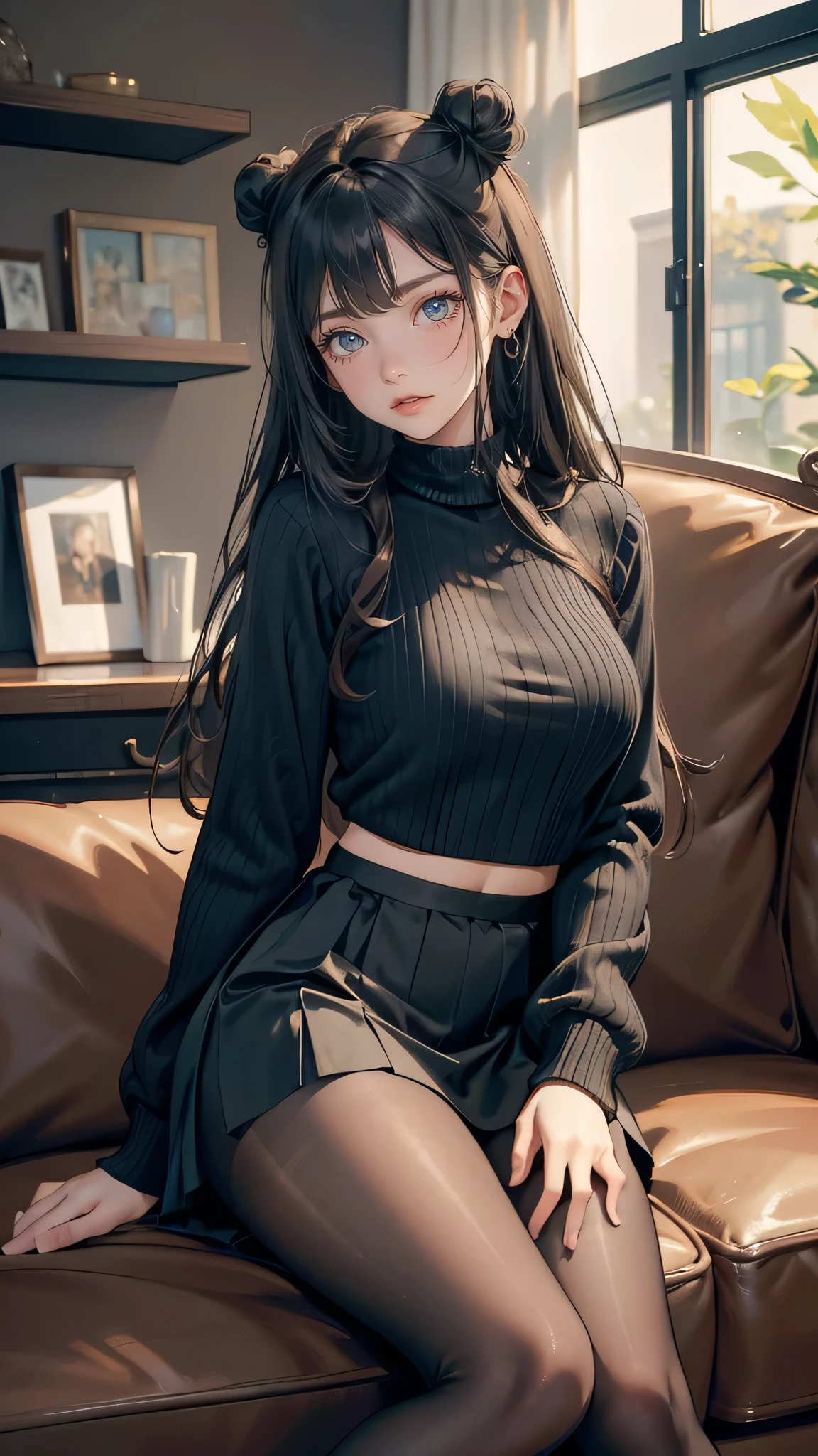 a girl sweater and skirt, seated showing her underwear, ((waist to toe photo)), long stockings or pantyhose, ((upskirt)), camel toe, sexy underwear, medium breasts, open legs, (very detailed), ((perfectly detailed face)), (detailed face), (detailed hand), photorealistic image.