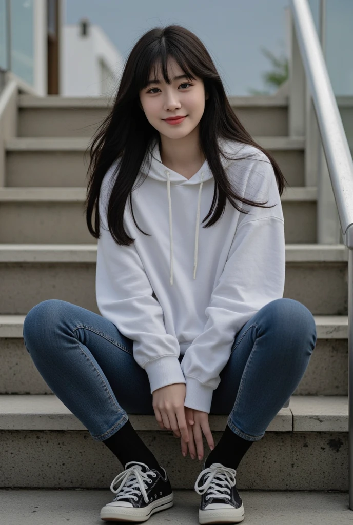 highest quality, Realistic, Very detailed, Finer details, High resolution, 8k wallpaper, One beautiful woman, Sit on the stairs, smile,（Black socks） Oversized hoodie, Skinny jeans,（ Black sneakers), Black Hair, Beautiful Bangs, Perfect dynamic composition, Beautiful and detailed, Full Body Shot, A big smile waiting to start. blur background, Bokeh.