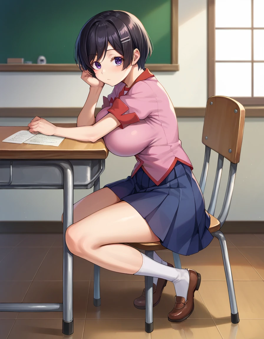 Hanekawa Tsubasa, short hair, black hair, hair ornament, purple eyes, hairclip,Big Breasts　School　machine　In the classroom　School uniform　椅子に座る、　sleeping,machineで寝る、string panties,from side,　 full body　 miniskirt　 closes the eye