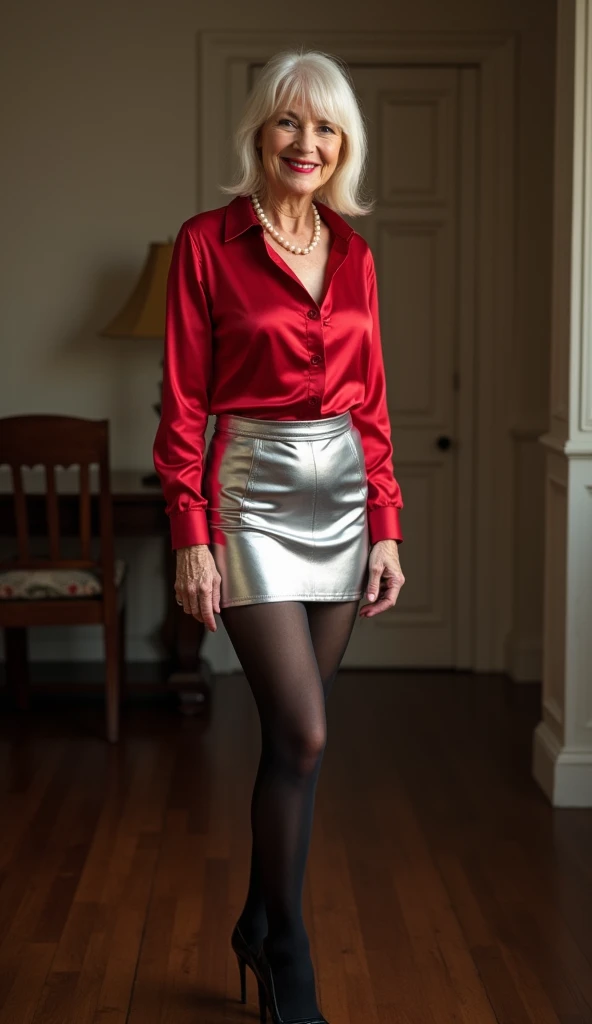 (Muscular:2.5), (thick thighs:2.5), 
french female, (red hair, pale skin:1.4), (big smile:1.8), short hair,
(eyeshadow, lipstick, red lips, hoop earrings:1.3)
(neck bandana:1.5), (black and white clothing), (frenchgirlstyle, blue striped pullover, horizontal stripes:1.5), (beret:1.3), (pencil skirt, skirt slit:1.8), (pantyhose:1.4), (stiletto heels:1.7),
looking at viewer, (three quarter view:1.5), (from above), (full body view), standing,
(dark bedroom), rim lighting, detailed skin, detailed eyes, two tone lighting, bokeh