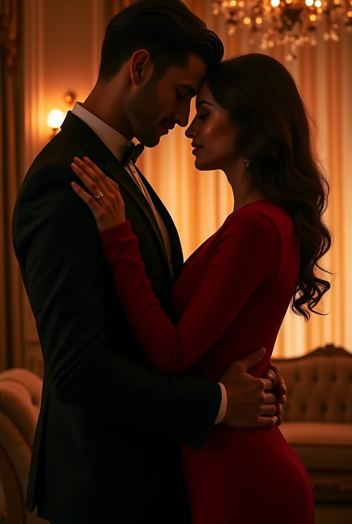 Create a romantic book cover featuring a couple in an elegant room ...