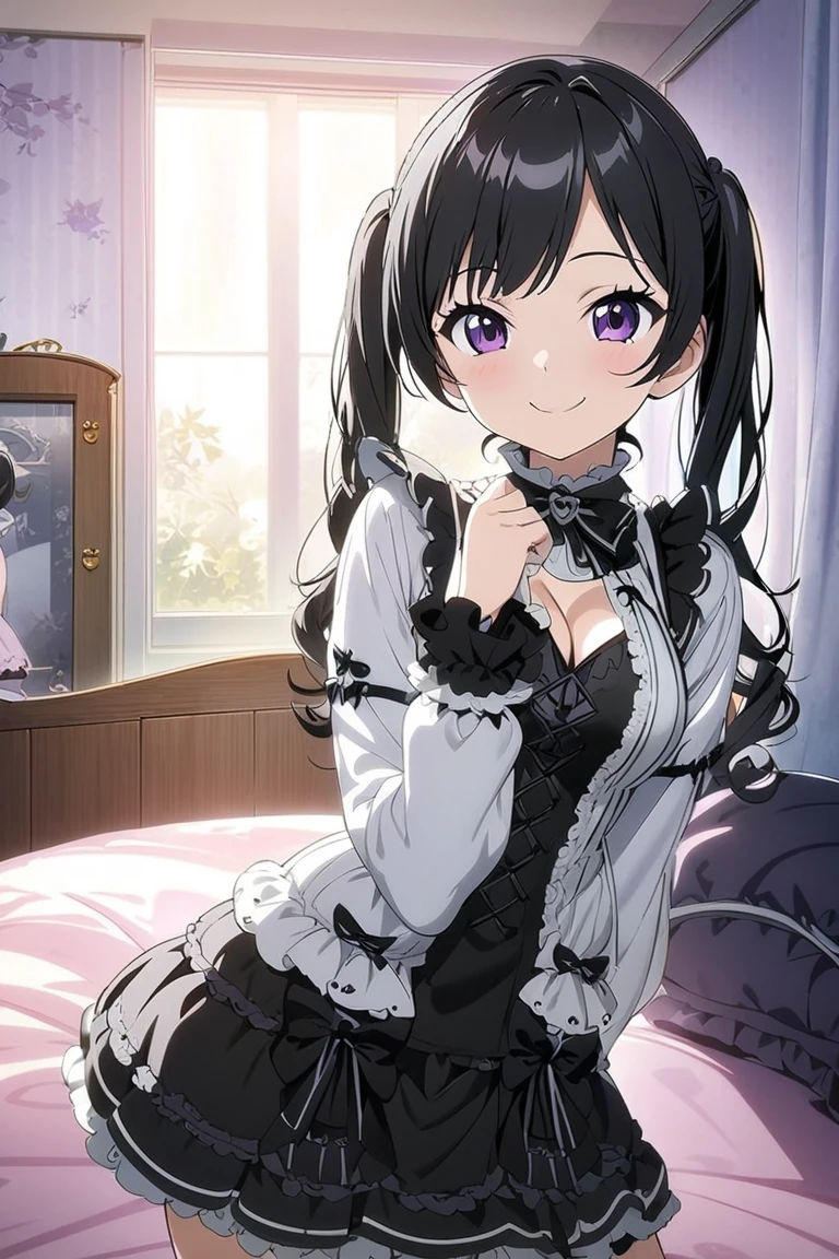 (highest quality,4K,8K,High resolution,masterpiece:1.2),super detailed,realistic,upper body whole body,change,Happy,cheerful smile,purple semi-long hair,purple eyes,ruffle dress,Under 5 years old,infant,fine eyes,detailed lips,Bright colors,portrait,studio lighting,photograph,sharp focus,Physically based rendering,soft lighting,hint of sunshine,delicate ruffles,Happy and carefree expression,playful atmosphere,innocent charm,warm and fun atmosphere,shining purple,beautiful light and shadow,fun and captivating scenes