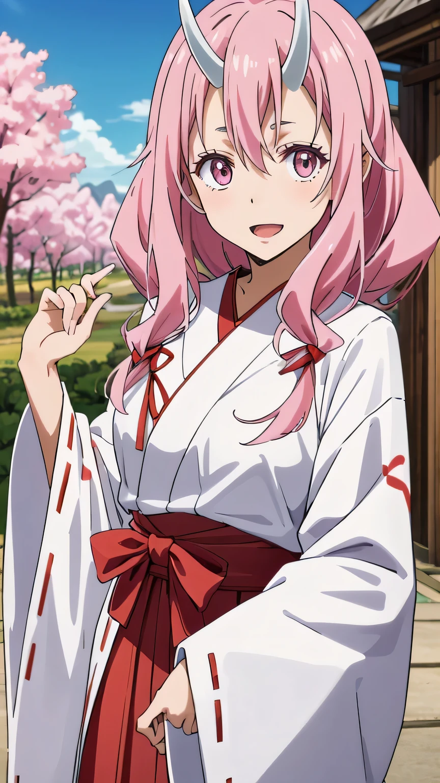 {{{masterpiece}}}, (best quality:1.5), (ultra-detailed:1.5), {illustration}, {{an extremely delicate and beautiful}}, (beautiful detailed eyes:1.5), absurdres, highres, extremely detailed face, 16k, hd, visual anime de uma jovem mulher, extremamente bonito rosto de anime, anime melhor garota, (perfect hands, perfect anatomy), anime face, shuna (tensura), 1girl, solo, cute face, white horns, oni horns, pink hair, very long hair, sidelocks, bangs, hair between eyes, low-tied long hair, (pink eyes:1.2), medium breasts, thin waist, big hips, curvaceous, BREAK, japanese_clothes, shrine maiden, (red neck ribbon:1.5), white sleeves, long sleeves, wide sleeves, ribbon-trimmed sleeves, waist ribbon(red ribbon), long hakama, red hakama, BREAK, 1girl, solo, smile, open mouth, beautiful anime girl, beautiful art style, close up of breasts, Looking at Viewer, perfect body, outdoor, sky, daytime, sun, (bust shot:1.3), looking at viewer, Cherry tree, ruanyi0007