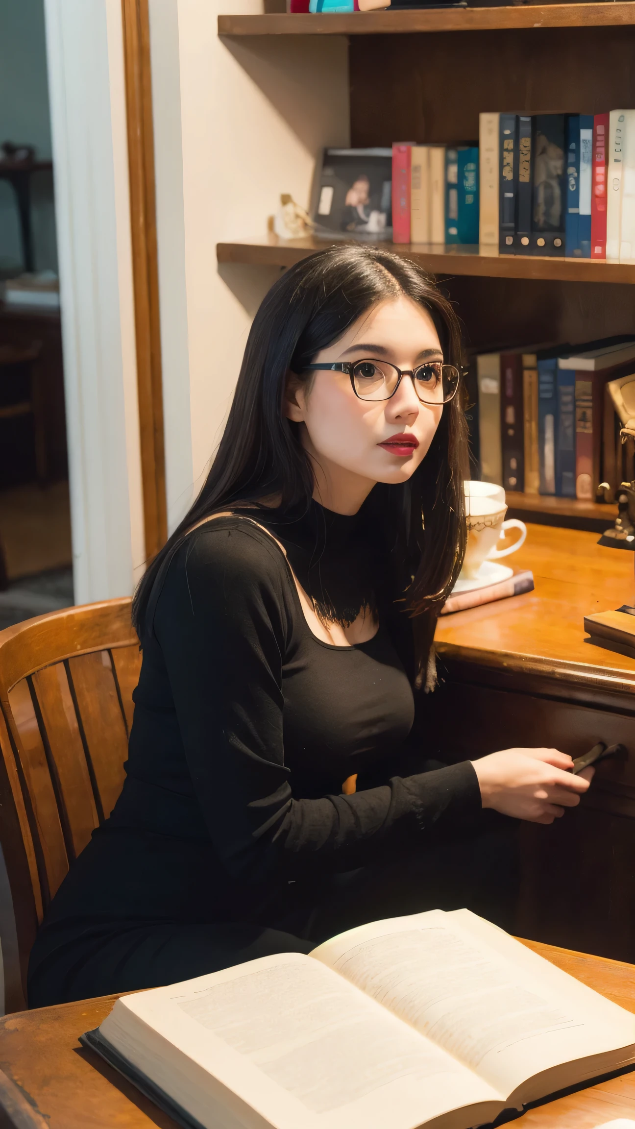 The image shows a woman sitting at a table with her hand on her head, possibly fixing her hair or scratching her head. She wears glasses and has dark hair. In front of her on the desk are several items, including what appears to be a laptop, a cell phone, and some books, papers, and electronic devices, indicating an active workspace. Behind her, a bookshelf filled with numerous books adds to the intellectual atmosphere of the room. The background suggests an indoor environment with shelves full of books and other objects, creating a cluttered appearance.

The woman is wearing a white turtleneck t-shirt.

A beautiful woman, with white skin and dark brown hair. She is about 45 years old, 165 cm tall and weighs 56 kg. She has a perfect mouth, medium breasts, a perfect face. Her body exudes glamor and her face is a definition of beauty. Slender body, thin waist. Highly realistic, hyperrealism, very elaborate skin. Clear photo, high resolution, high quality, masterpiece, 16K photo, high contrast, masterpiece, NUDE, NUDITY, NFSW