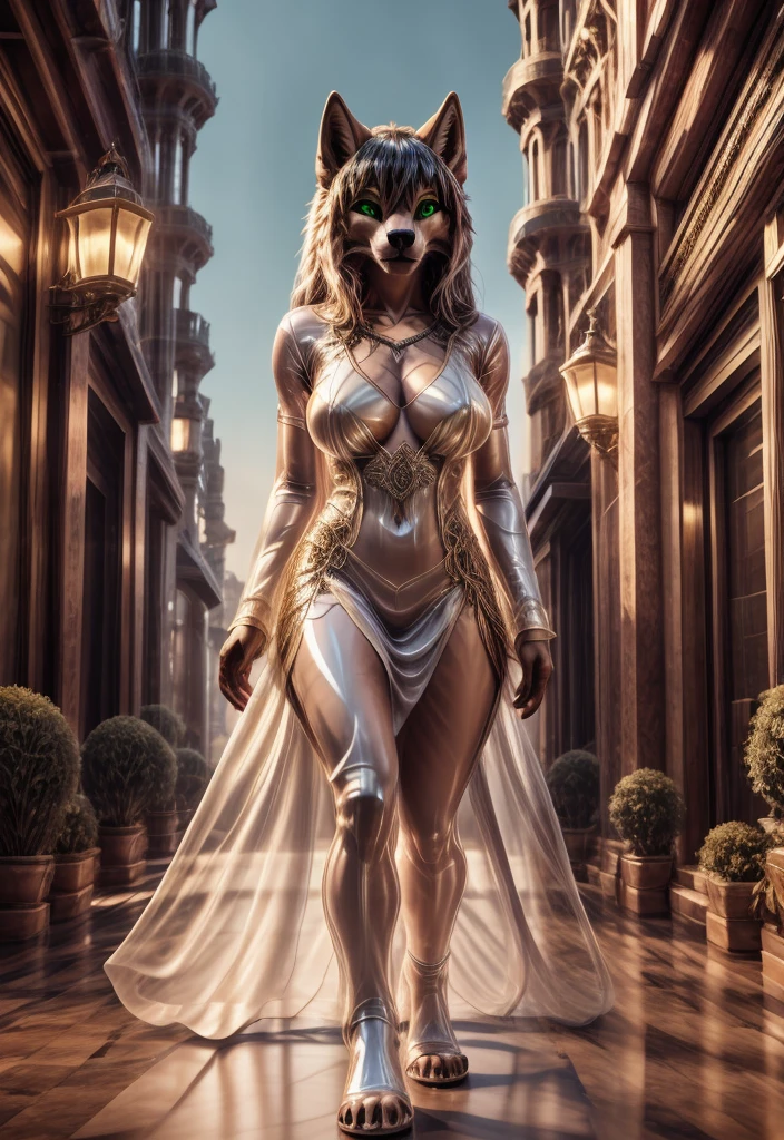  wolf, ears , realistic body tape, thin1tail ,perfect skin, face detailed, green eyes,very oil skin,perfect eyes,  very long white hair, simmetrical bangs,bare navel,gigantic breasts, white latex gloss, transparent dress, High-heele,  full length, extreme detailed,  masterpiece,8k, stunning, highly detailed, 8k, ornate, intricate, dehazed, atmospheric,duration:1.6), physically based visualization,bright colors,cinematic lighting, fantasy city, epic detailed,Шедевр,Высокое разрешение, Высокое качество, Улыбаться,  Рендеринг 8K, epic realism, 