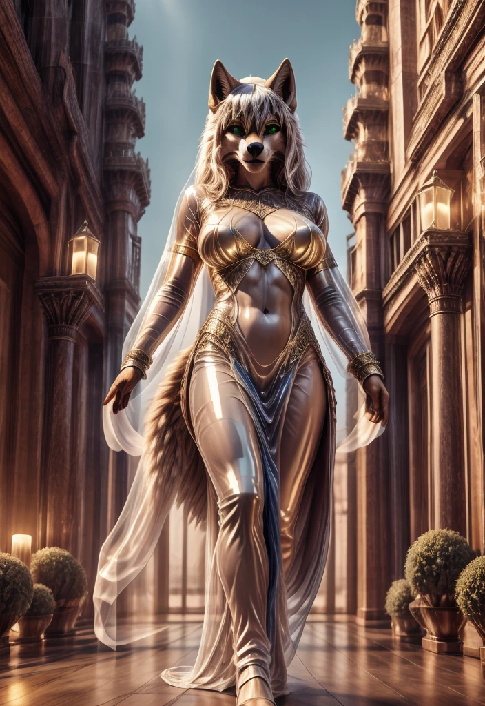  wolf, ears , realistic body tape, thin1tail ,perfect skin, face detailed, green eyes,very oil skin,perfect eyes,  very long white hair, simmetrical bangs,bare navel,gigantic breasts, white latex gloss, transparent dress, High-heele,  full length, extreme detailed,  masterpiece,8k, stunning, highly detailed, 8k, ornate, intricate, dehazed, atmospheric,duration:1.6), physically based visualization,bright colors,cinematic lighting, fantasy city, epic detailed,Шедевр,Высокое разрешение, Высокое качество, Улыбаться,  Рендеринг 8K, epic realism, 