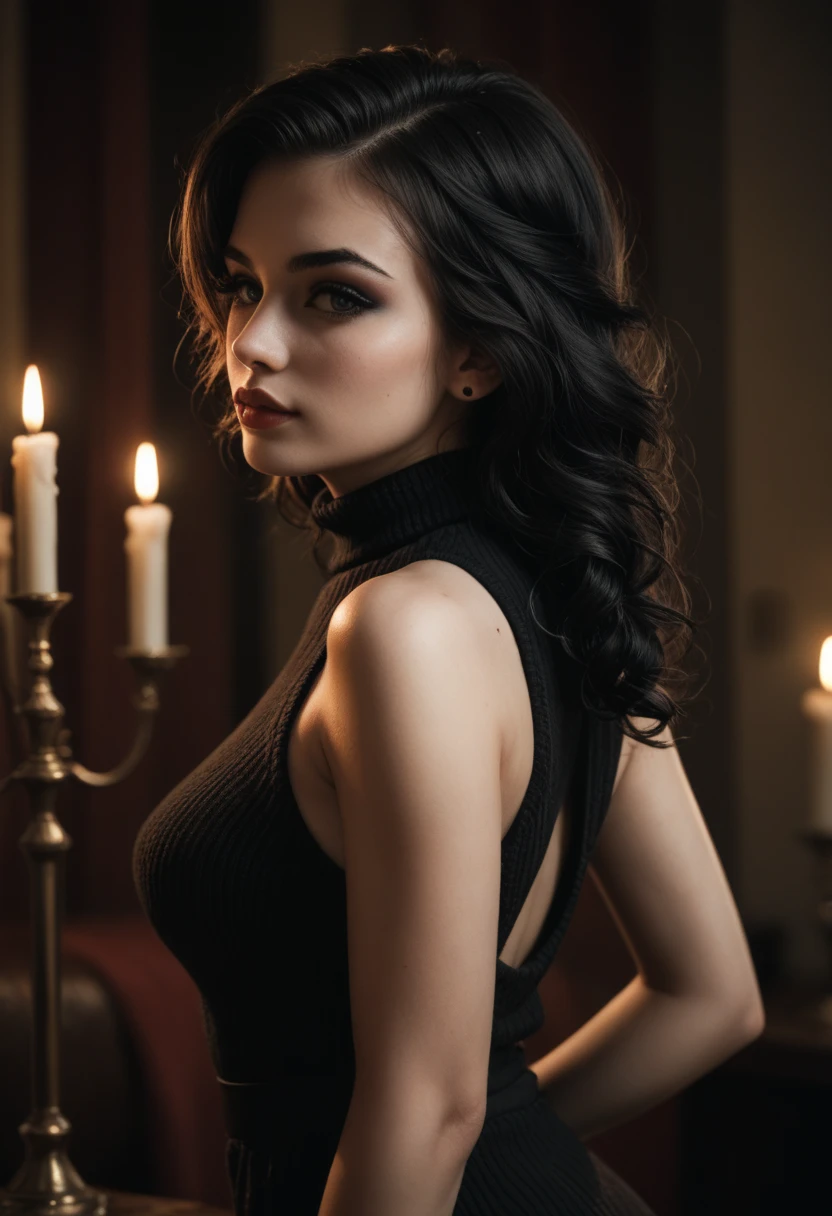 Beautiful young goth Irish girl wearing a sexy turtleneck sweater sleeveless dress showing sideboobs Candlelit evening at home, lovely and ethereal atmosphere, medium length tousled hair, medium perky breasts, adorably cute and lovely young face