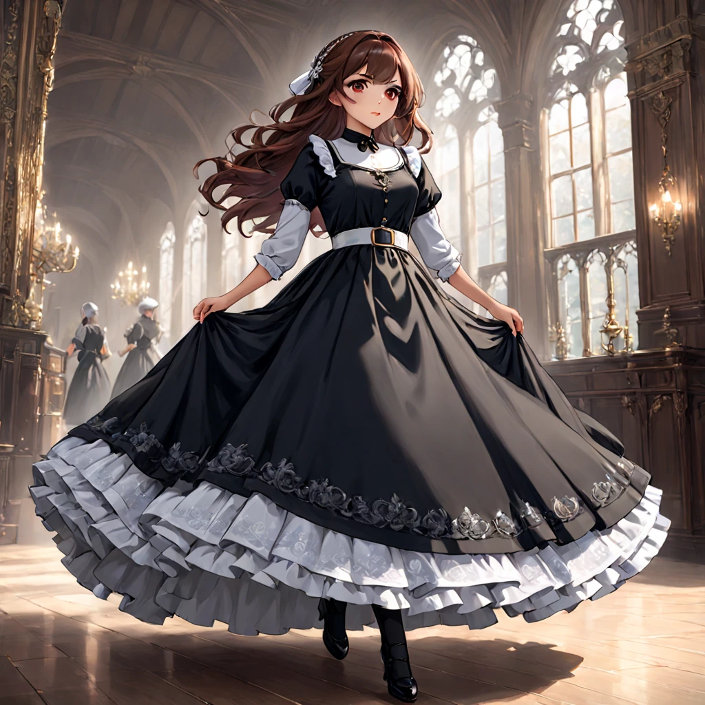 (  Highly Detailed CG Octane Rendering 8k Wallpaper ),  Girls Underwear ,   You can see real bloomers made of cotton fabric.., Medieval black crystal clear long dress 、With panniers, Fabric Realism,  low angle,   pull up the dress with your hands , Strong winds,  Clear Slips,  Clear Slips, tights,  top quality, whole body,   WHITE TOOL BELT , Silver and gold embroidery , 1 girl, red eyes,  long hair, gem,  brown hair ,