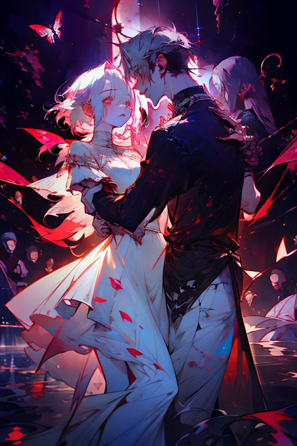 entangled barbs, dark, dark, fantastic blood droplets, moonnight, hollow eyes, fog, beautiful crazy love, dripping blood, white-haired girl, biting a girl's neck, a red-eyed boy couple dancing with scattered rose petals