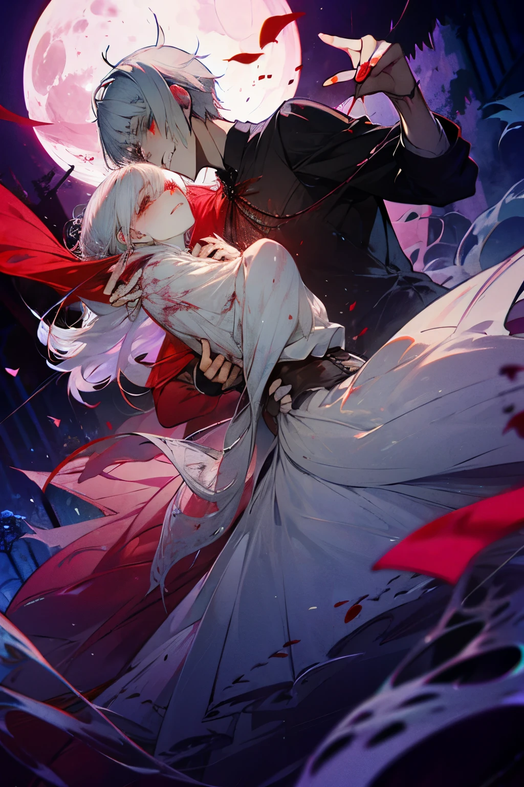 entangled barbs, dark, dark, fantastic blood droplets, moonnight, hollow eyes, fog, beautiful crazy love, dripping blood, white-haired girl, biting a girl's neck, a red-eyed boy couple dancing with scattered rose petals