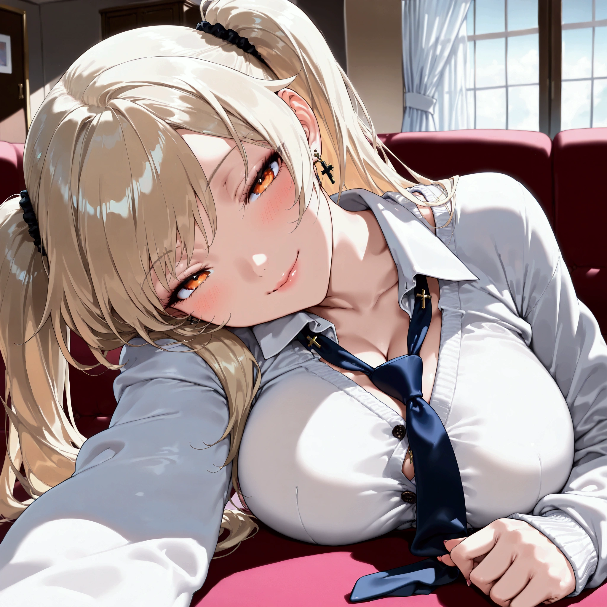 cute girl, solo, school uniform, long hair, twintail hair, blonde hair with white ends, orange eyes, large breasts, necktie, cross Pierced earrings, Sexy lips, cardigan, blush, flawless smooth skin, looking at viewer, seductive smile, head tilt, half closed eyes, indoors, living, table, sofa, (best quality,4k,8k,highres,masterpiece:1.2),ultra-detailed,intricate details, high fashion, dramatic lighting, warm colors, chiaroscuro