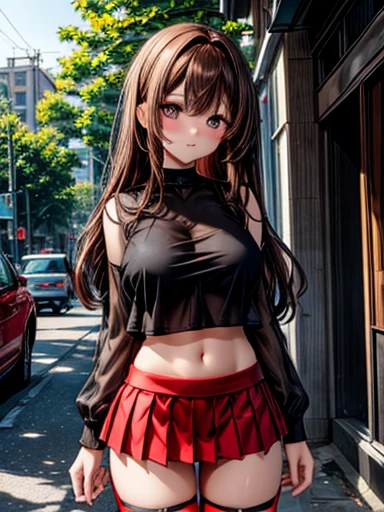 highest quality、one beautiful woman、beautiful big breasted woman、medium hair woman、(brown haired woman:1.3)、((A woman wearing a black see-through top:1.3))、(((woman wearing a red miniskirt:1.3)))、woman wearing black knee socks、street tree、smile、woman with hands on hips