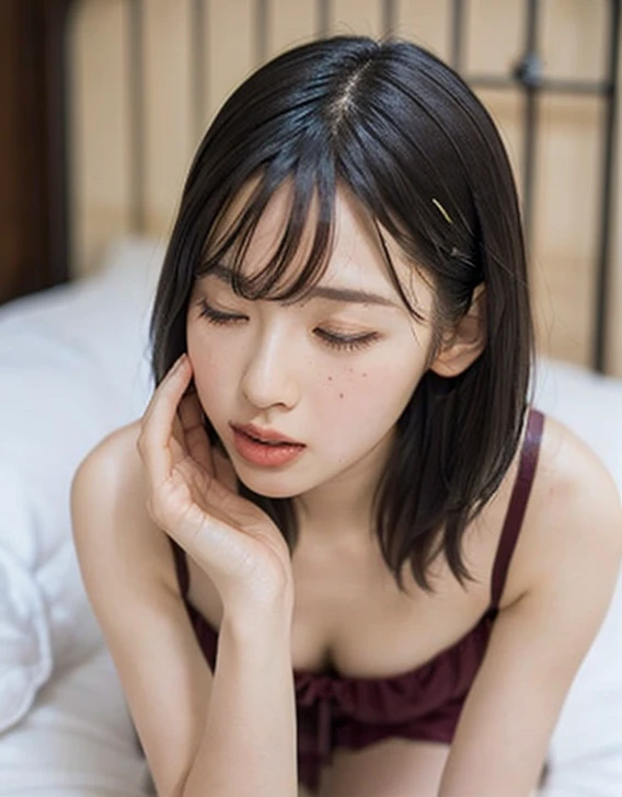    top quality, 8k,     masterpiece  : 1.3)), Beauty、      1 girl, big: 1.3,       slim abs: 1.1,     small breasts, ( sweatだく、     lies in bed ,  feet: 1.2),       Super detailed face    ,  very detailed lips,      Details  ,       double eyelids     ,       wet, sweat,   orgasm face, strip,    stand on all fours,       wet体   ,      face on bed   、      shortcut、  from below, ,     sexual activity with a man    , nsfw,       excited  , scream, ,       eye closed      ,  open her mouth ,       hotel room,      anatomically accurate , 