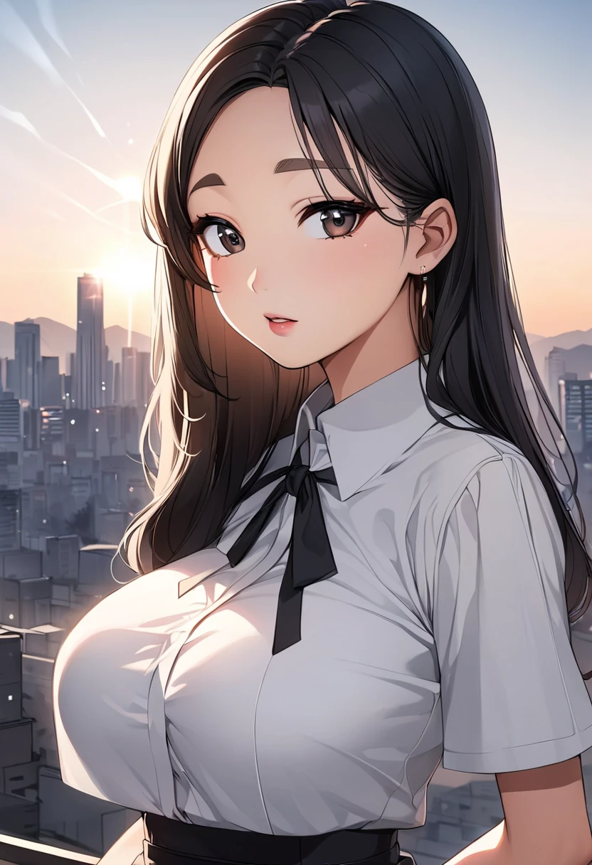 # beautiful woman  # traditional Korean beauty  # clear skin  # long black hair  #Slim face shape #Big-eyed # thin eyebrows  #Small lips  #1980s Kyungsung clothing # elegant and pure feeling  # quiet and serene expression  #Seoul cityscape # skin shining in the sun # big boobs