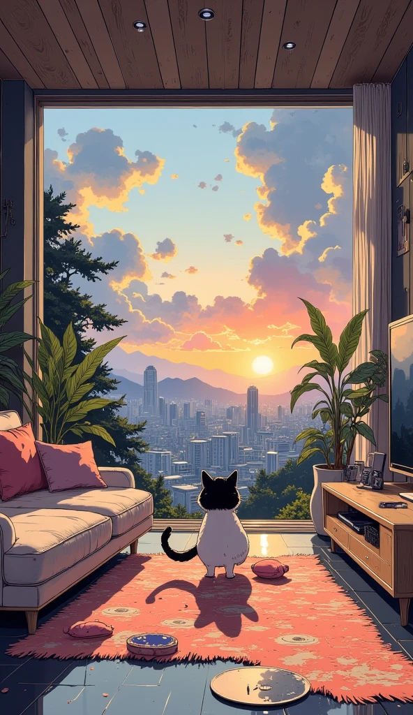  A Munchkin cat is in the living room of a young Korean girl playing with a plush of fish.
Highly technological Korean-style house .
 In the background a beautiful window showing the city and a magnificent sunset . 
32K, HDR, UHD. 