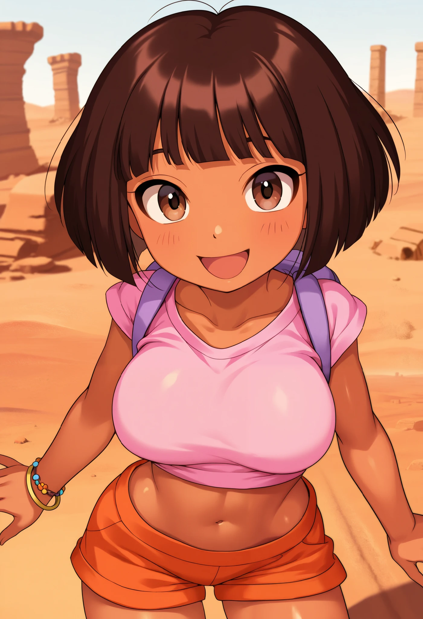 teenage girl, solo, From the front, cute, open mouth smile, large breasts, Dora, brown eyes, desert ruins, dark-skinned female, dark brown hair, big hair, thick hair, bob cut, pink shirt, (pink crop top), bare midriff, loose shirt,  (orange shorts), bracelet, backpack, (slender athletic body), (disney style), dynamic pose