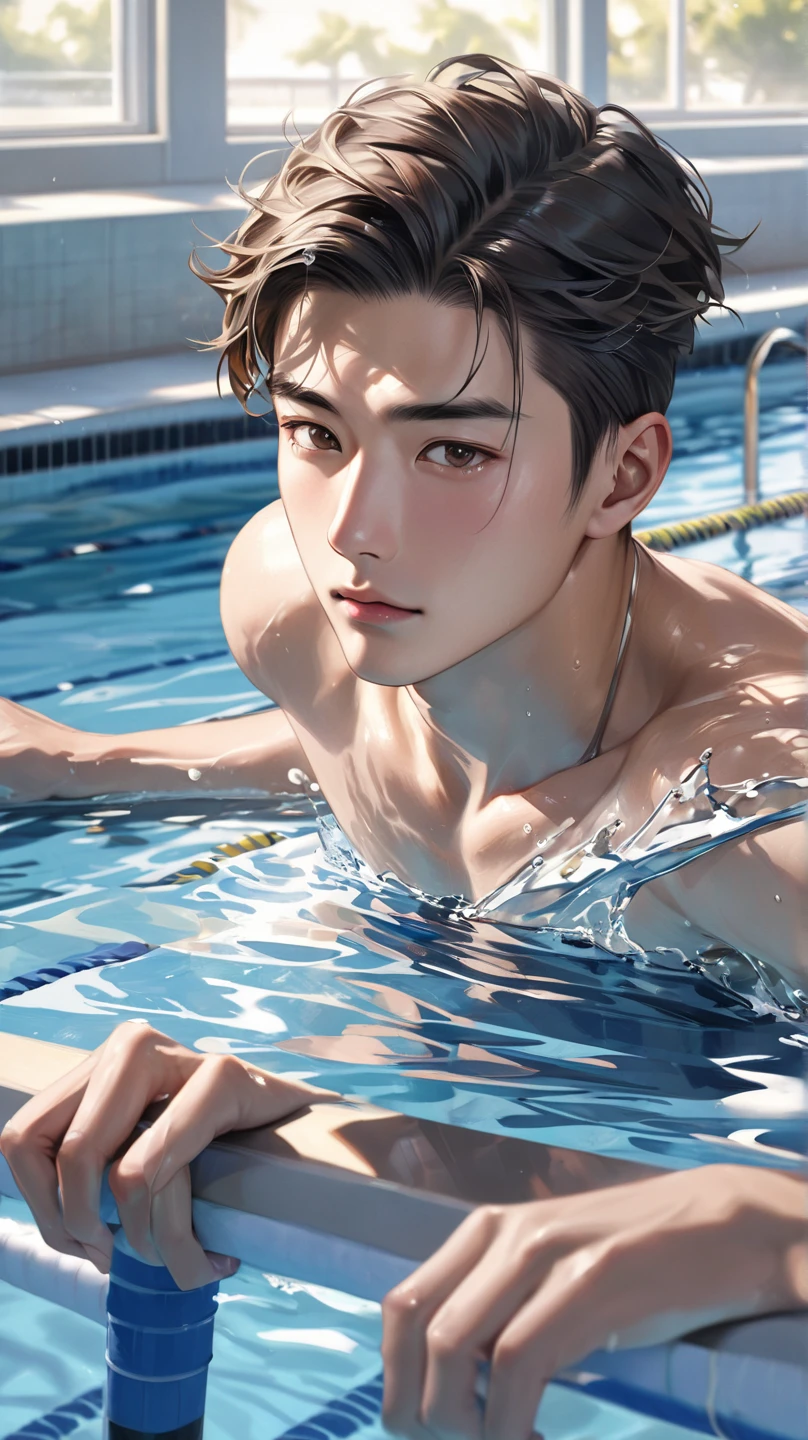 masterpiece, best quality, face, natural eyes, 1man, european, big feet, white socks, large bulge, long legs, looking at viewer, 20 years old, muscled and mature, short haircut, a swimmer swimming in the swimming pool, indoor swimming pool, open chest, naked, flush, organism, face covered with white fluids, sweating, tight cloth, erecting,