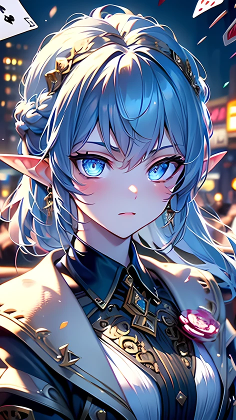 ((best quality)), ((masterpiece)), (detailed), perfect face, ((Best quality, 8k, Masterpiece: 1.3)), Sharp focus, Highly detailed face and skin texture, Detailed eyes,elf, pointed ears, light blue hair, french braid, jewelry, earrings, poker, cards, casino, poker game