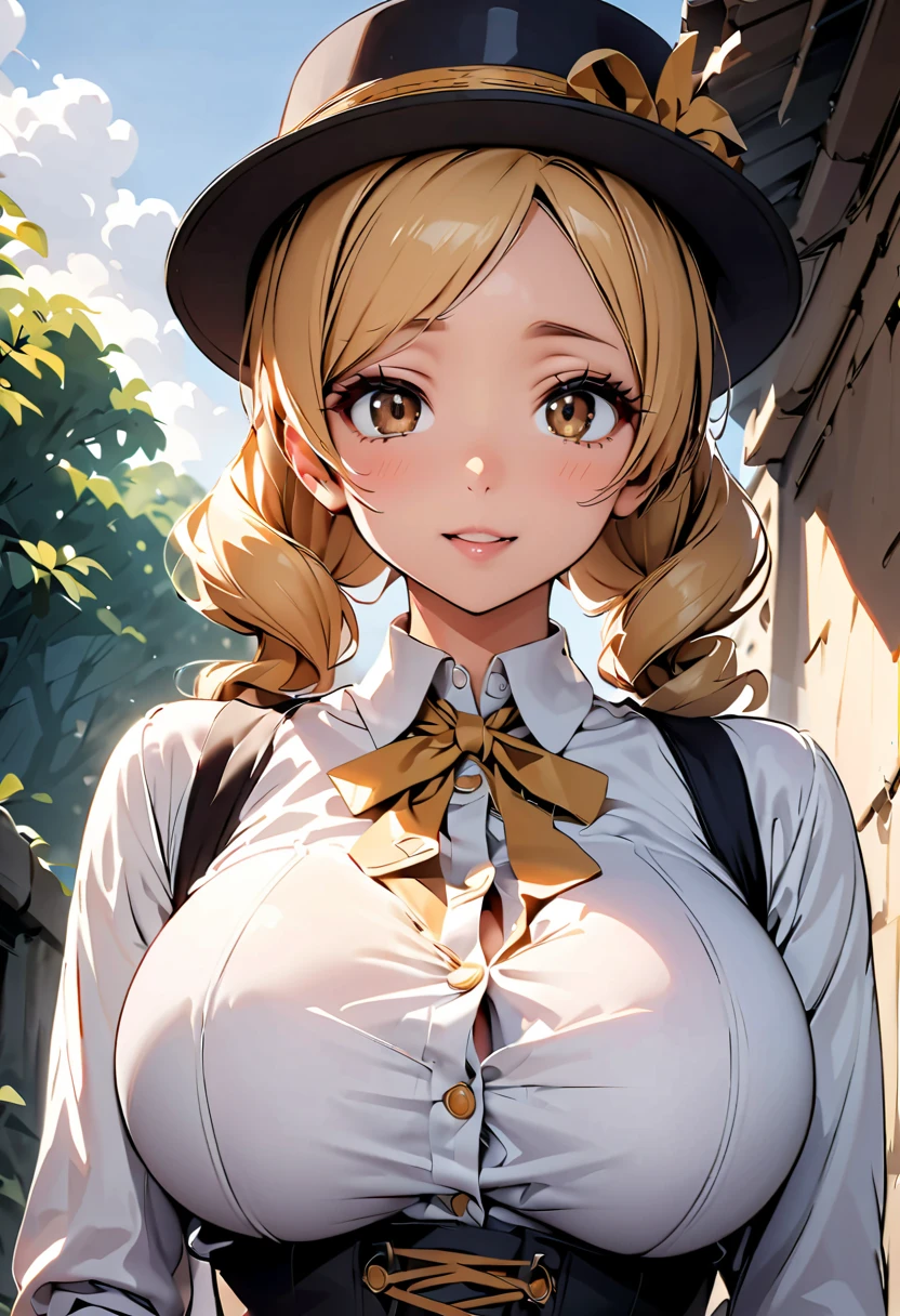 (Highest quality:1.24, Very detailed, Delicate and beautiful CG art, Detailed illustrations, High detail, masterpiece:1.2, Highest quality, Best aesthetics), (((1 Girl))), (Tomoe Mami, White shirt, corset, hat, Big Breasts, Droopy eyes:1.4, Twin Drill), Shiny Hair, Beautiful Skin, Detailed face and eyes, Glossy Lips, Light and shadow with attention to detail, Background Blur.