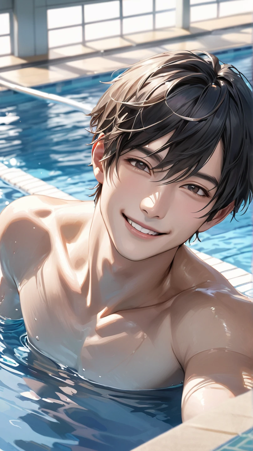 Realistic, a glass bottle of iced water, on the table, summer noon, a 16 y/o tanned idol boy, --no shirt, abs, (smile:0.7)