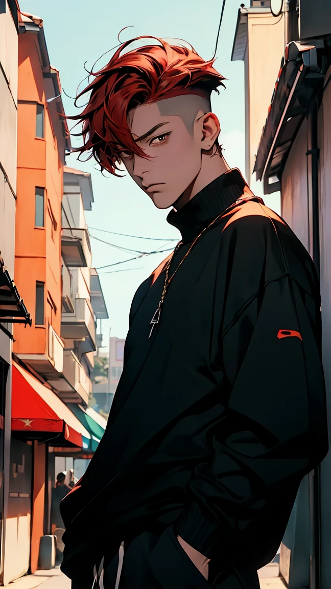 highest quality, 8k, high resolution image, Anime style jujutsu Kaisen, (Diluc /genshin impact), Detailed lines, bored look, blurred, violet light is reflected from it, 1 man, young, masculine, model, hand in pocket, cooler Type, multicolored backdrop with different geometric shapes, about stickers, muscular, short Hair Red hair, multicoloRed hair, Red hair, Hair between the eyes, streaked hair ,orange eyes, swollen breast. he is wearing a black sweater, jogging pants, golden link chain, hand in pocket, backdrop: he is standing, big city, streets, park, people, blue sky, cars, bike